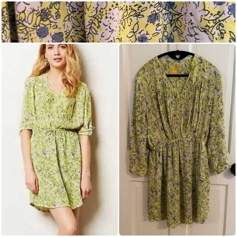 Maeve Anthropologie Yellow Floral Pintuck V-Neck Mini Dress
